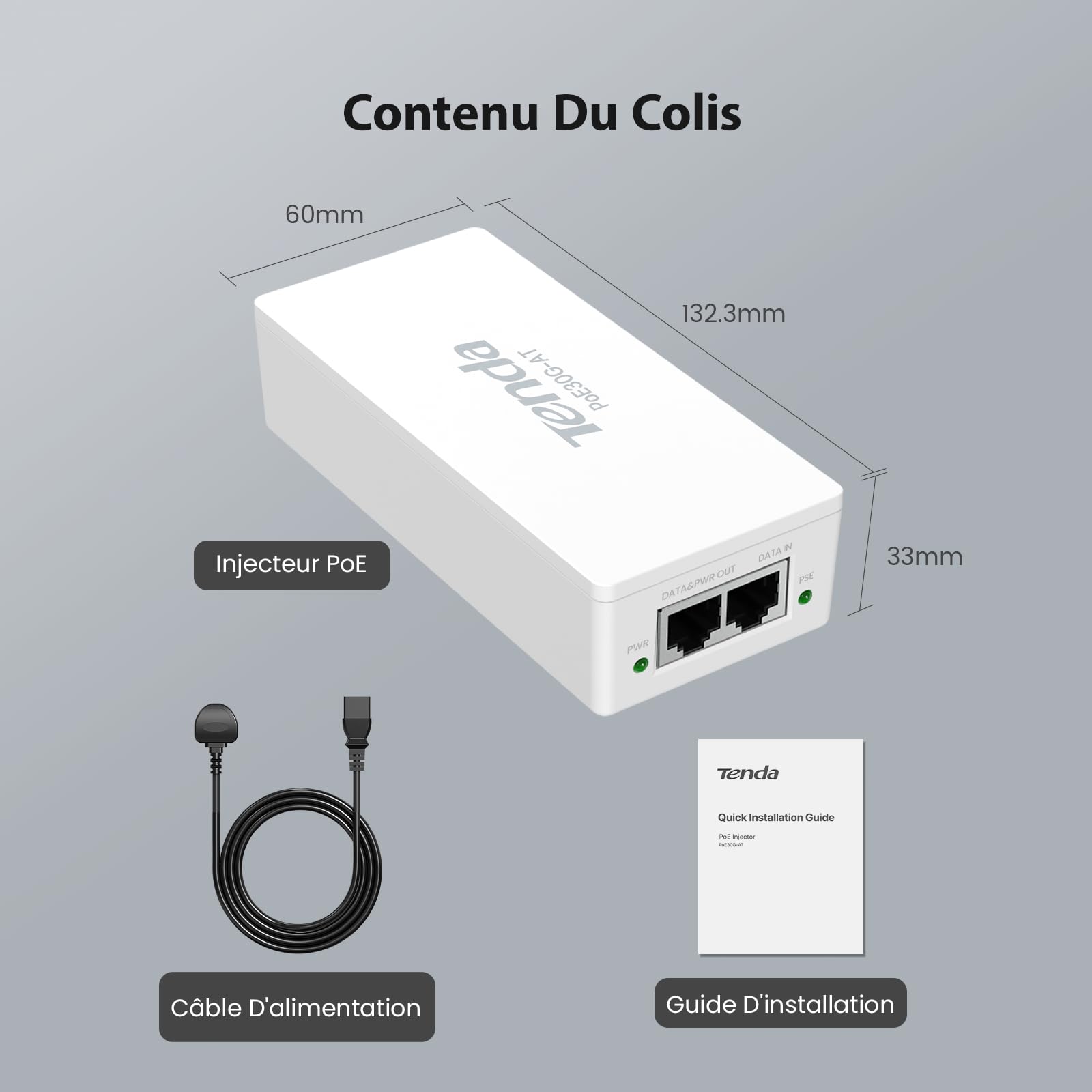Tenda Injecteur PoE Gigabit IEEE 802.3af/at, PoE Injecter Gigabit 30W, Alimentation PoE 10/100/1000 Mbps, Plug and Play, Distance Jusqu'à 100m, Réseau Extensible sans Prise. (POE30G-AT)