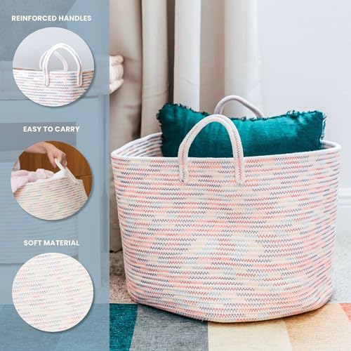 Image of OrganiHaus Round Toy Basket & Blanket Basket, Cotton Rope 20x13 inch | Stitches Rainbow - Round Cotton Rope Basket, 20x13 inch