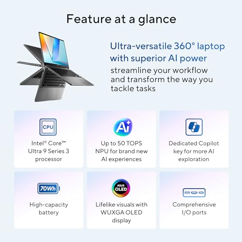 Image of ASUS Vivobook 14 Flip Laptop (2026), Copilot+ PC, 14 inch 16:10 WUXGA OLED Touch Display, Intel Core Ultra 9 386H Processor, Intel Graphics, 32GB RAM, 1TB SSD, WiFi 7, Windows 11 Home, Matte Gray