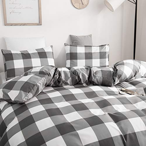 Getiann Plaid Duvet Cover Set Queen Comforter Cover Set Full 90"X90"With 2 Pillow Shams Buffalo Check Gingham Geometric Checker Printed In White And Gray Bedding Set thumb #2