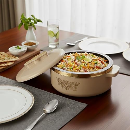 Image of CELLO Exotic 1000 Casserole Hot Pot Case for Daily Use 1000 ml, Cream | Double Wall PU Insulated Serving Hot & Warm Food Hot Pot Box | Stylish Airtight Kitchen Casserole Set for Roti Rice Biryani