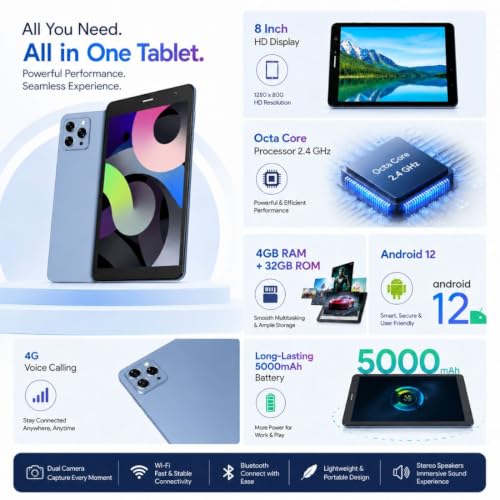 Image of IKALL N16 Pro Smart Tablet - 8 Inch HD Display, Octa Core Processor, 4GB RAM + 32GB ROM, Android 12, 4G Voice Calling, Long-Lasting 5000mAh Battery (Blue)