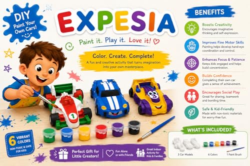 Image of EXPESIA DIY Sports Car Painting Kit for Kids, Plaster Toy Cars, with Paints and Brush, Creative Art and Craft Activity, Ages 3+ (6 Sports Cars)