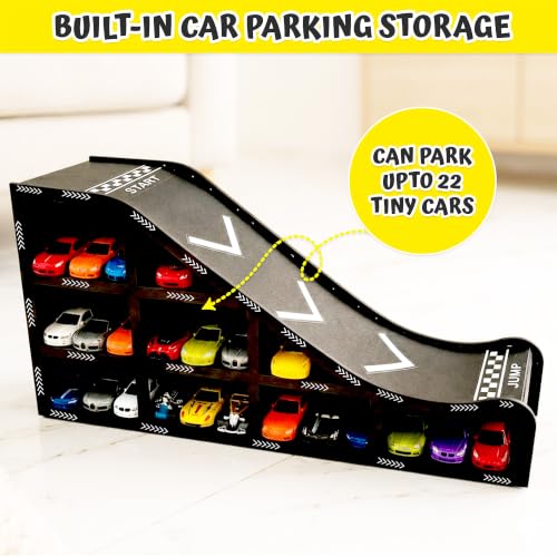 Image of Toy Car Display Track for Hot Wheels Style Cars, 1:64 Diecast Car Storage Organizer, Kids Car Parking Garage with Racing Ramp, Holds up to 22 Mini Cars, MDF Tabletop Display Rack for Boys Room Gift