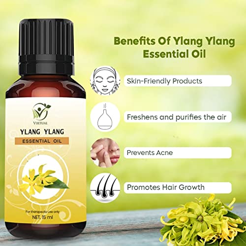 Image of VIRTUAL Ylang Ylang Essential Oil 15ml Pure Natural Therapeutic Grade Aromatherapy Oil for Hair Skin Face Care Diffuser Massage Use