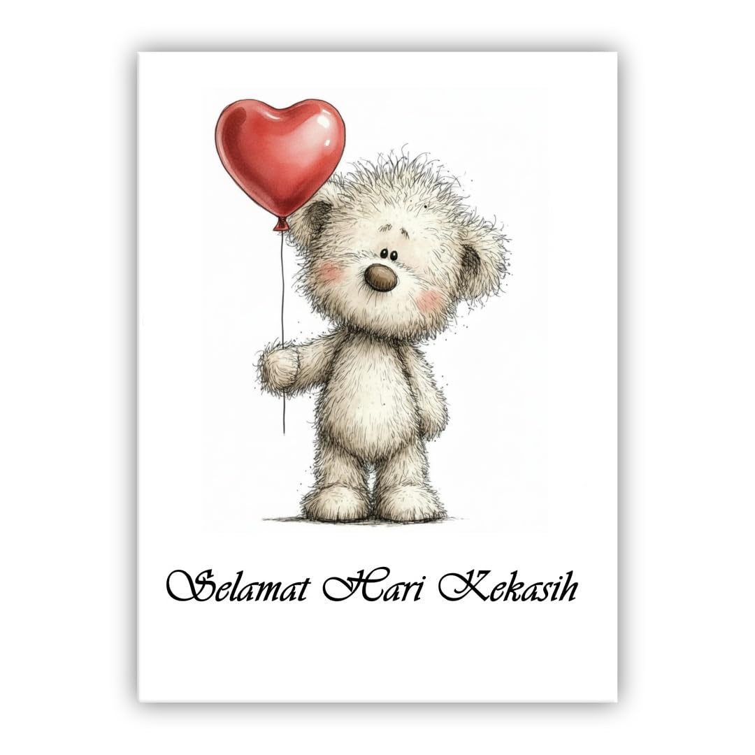 Multilingual Valentine’s Day Card – Cute Bear with Balloon – Romantic Greeting Card for Husband, Wife, Boyfriend, Girlfriend (• Malay Selamat Hari Kekasih)