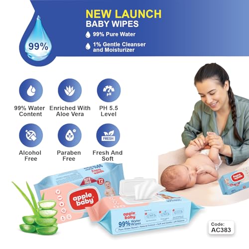 Image of Apple Baby Wipes - 99% Water, Hypoallergenic, Aloe Vera Infused | Gentle for Newborns & Sensitive Skin | Natural Baby Care Essentials AC383 (Pack of 6)