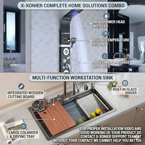 Image of X-XONIER 304 Grade Stainless Steel 7 In 1 Shower panel and All in One Sink Combo Multifunction Handheld Mist Spray Temperature Display (black)
