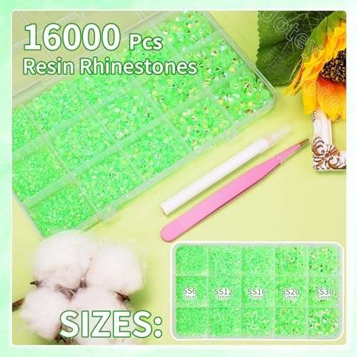 Image of 16000 Pcs Resin Rhinestones for Crafting, Flatback Green Gems Jelly Rhinestones, Mixed Sizes Green Bedazzling Crystal with Pickup Tool for DIY Crafts Clothing Tumblers Mugs Shoes Fabric Nail Art