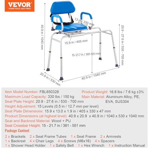 VEVOR Sliding Tub Transfer Bench with 360 Degree Swivel Seat, Sliding Shower Chair with Pivoting Armrest & Padded Seat and Safety Belt, Height Adjustable Bath Chair for Elderly Disabled, 330LBS - Image 4