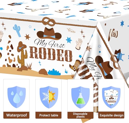 Image of gisgfim 3 Pcs My First Rodeo Birthday Party Supplies Western 1st Rodeo Party Tablecloths Blue Cowboy Table Cover Decorations for Boy Baby Shower