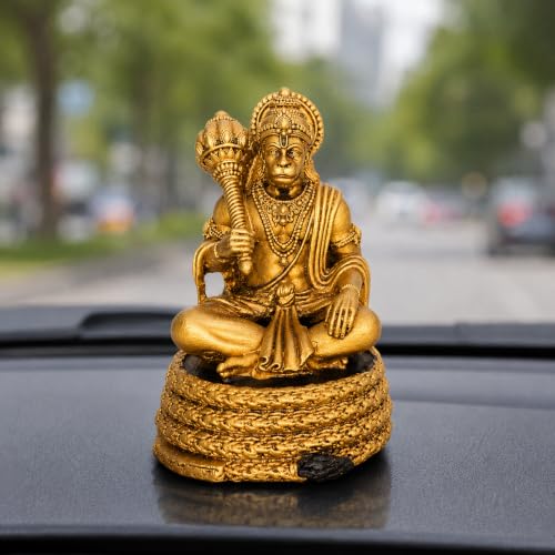 Image of Virajman Hanuman Ji Idol Sitting on Tail | Ravana Sabha Pose | Hanuman Murti for Car Dashboard, Home Temple & Office Decor, Housewarming, Vastu | 3.8 Inches | Antique Gold