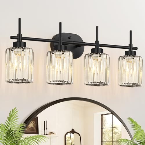 Image of Matte Black 4-Light Crystal Bathroom Vanity Light, Modern Bathroom Light Fixture Over Mirror, Black Vanity Lighting for Bathroom, Bulbs Not Included