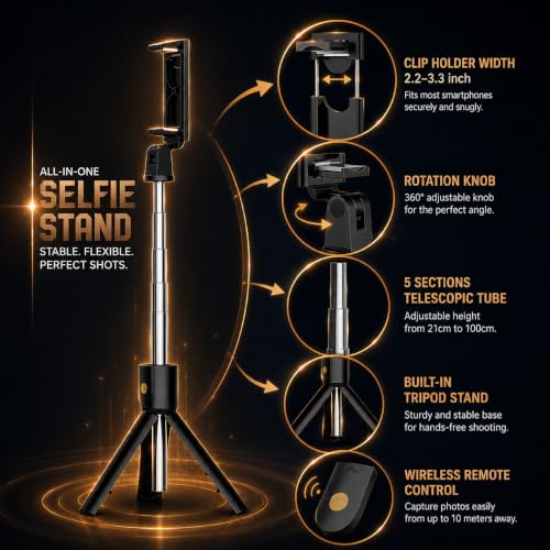 Image of Selfie Stick Tripod 67 Inch Long with Bluetooth Remote & Stable Base - 3-in-1 Multifunctional Design for Selfies, Vlogging, Photo Shoots and Makeup for Phones | 3-in-1 Multifunctional, Foldable Design, Metal Build, Smartphone Compatible, 1 Year Warranty