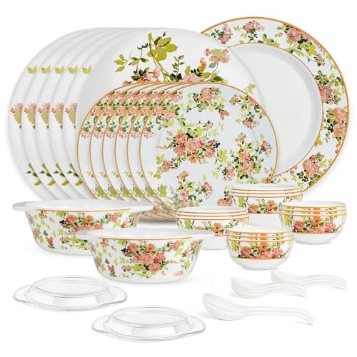 Image of Larah by Borosil 37pc Opalware Amora Dinner Set for Family of 6 | Microwave & Dishwasher Safe Crockery Set for Dining & Gifting | Plates & Bowls
