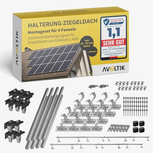 Avoltik Solar Halterung Ziegeldach I Set für 4 PV Module 30-45mm I Solarmodul Halterung Balkonkraftwerk I Solarmodulbefestigungsset für Ziegeldächer aus Edelstahl 1.4301 I PV-Halterung Montageset