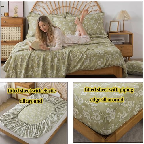 Image of FADFAY Sage Green Sheets Set Queen 100% Cotton Washed Double Gauze Muslin Bedding 4Pcs Vintage Rose Floral Sheets Shabby Cottagecore Bedding Soft & Breathable Deep Pocket Fitted Sheet, Queen Size
