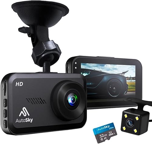 AutoSky Dash Cam delantera y trasera - Cámara de tablero para autos Mini Dash Cam Full HD con tarjeta de memoria de 32 GB pantalla IPS de 3 pulgadas