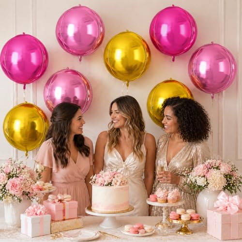 Image of 9 Pcs Pink Gold Round Foil Balloons,22 Inch Round Balloons | Pink Gold Giant 4D Round Ball Balloons For Birthday Bridal Shower Wedding Engagement Anniversary Party Decorations