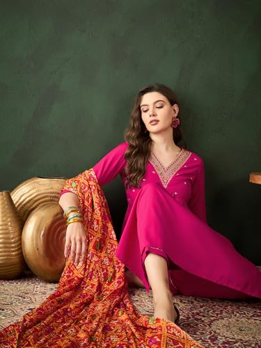 Image of SheWill Women's Mustard American Crepe Zari Sequence Embroidered Alia Cut Kurta with Pant and Dupatta