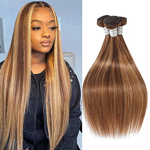 Ombre Human Hair 3 Bundles Straight Wave Two Tone F4/27 Brazilian Human Hair Bundles 100% Unprocessed Virgin Remy Hair Bundle Double Machine Weft Light Brown To Blonde Human Hair Weave（12 14 16 Inch）