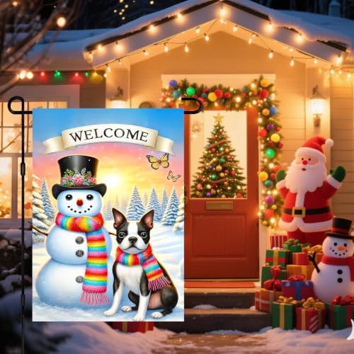 Image of BlissYard Winter Yard Flag Snowman Puppy 12x18 Inch Polyester