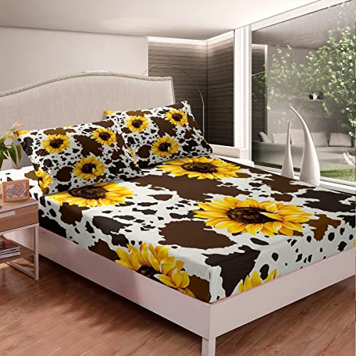 Sunflower Cow Bed Sheet For Kid Girl Man King,Rustic Cowhide Brown Sheet Set With Yellow Floral Soft,Wildlife Farmhouse Cow Fitted Sheet Deep Pocket + Abstract Milk Cow Flat Sheet + 2 Pillowcases #TOP3
