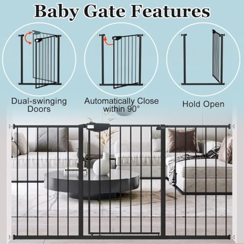 Image of WAOWAO Triple Lock Baby Gate Extra Wide 67.32-72.04 inch Pressure Mounted Walk Through Swing Auto Close Safety Black Metal Dog Pet Puppy Cat for Stairs,Doorways,Kitchen