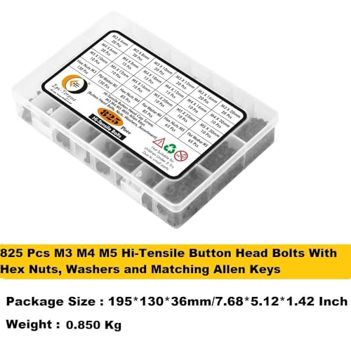 Image of Epi-Torque; The Epic Torque #Doityourself High Tensile Button Head Bolt M3 M4 M5 Assorted Lengths 6MM-30MM Pack of 825 Pcs with Plastic Box Assortment