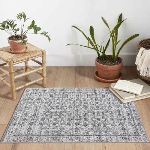 2x3 Grey Blue Washable Rug Soft Area Rug for Entryway, Non-Slip Indoor Door Mat Distressed Floral Low-Pile Kitchen Rugs, Neutral Vintage Carpet for Entrance Kitchen Bedside Farmhouse