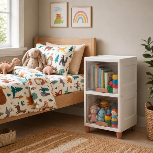 Image of HoopVool Foldable Storage Cabinet, Stackable Plastic Storage Box with Front Opening Door, Dustproof Organizer for Clothes, Toys, Books, Bathroom & Bedroom (2-Tier (33 X 38 X 58 CM))