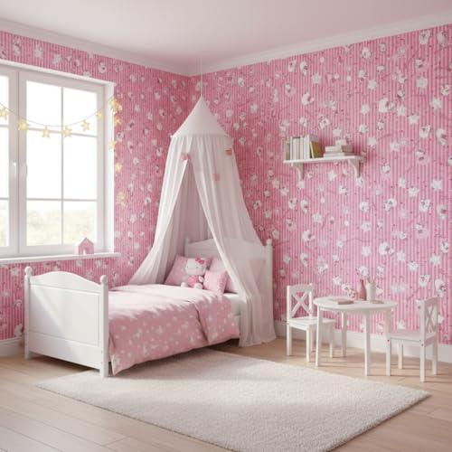Image of Pink Kitty Kids & Circle Textured Kids Room Wallpaper | Peel & Stick Self Adhesive | Waterproof Removable PVC Vinyl | Baby Boy Room Decoration 16 x 96 Inch
