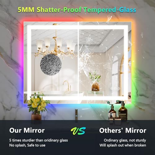 Image of 40x30 Inch RGB LED Bathroom Mirror Front Light and RGB Backlit Lighted Vanity Mirror for Bathroom Wall Mounted Dimmable Anti Fog Memory Shatter-Proof IP54 Waterproof Horizontal /Vertical