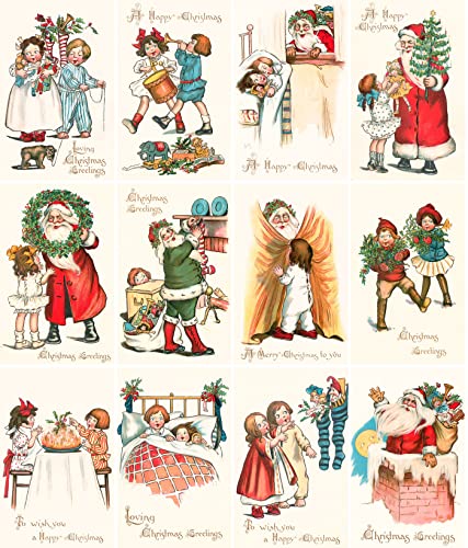 Image of PIXILUV CHRISTMAS KIDS (Pack of 12) Notecards Small Greeting Cards # Vintage Children Playing and Helping Santa ~ Vintage Christmas Postcards Reprint