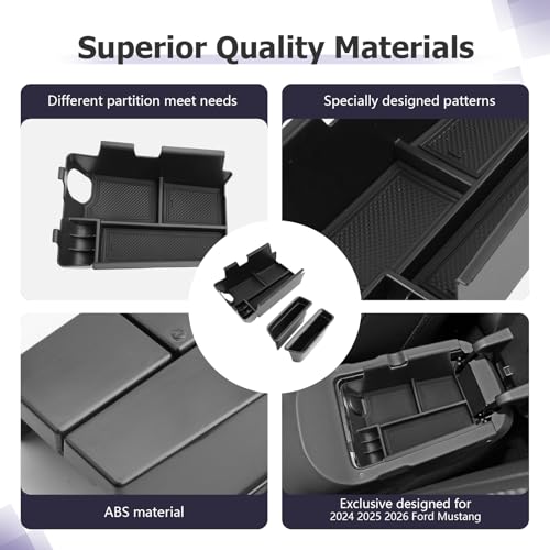 Image of LUWU 3PCS 2025 2026 Mustang Center Console Organizer Compatible with Ford Mustang 2024 2025 2026 Accessories Armrest Console Storage Box Insert Tray Door Side Tray ABS Material Coin Container Black