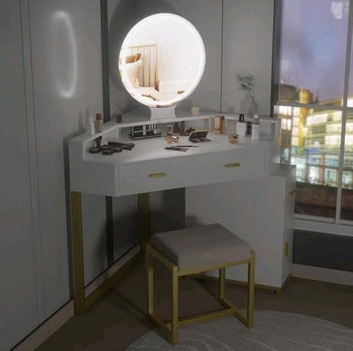 Pakalife Corner Vanity Desk With Lights, Makeup Vanity With Storage Shelf & 3 Drawers, Cabinet And Cushioned Stool, Modern Bedroom Makeup Table (White) #TOP4