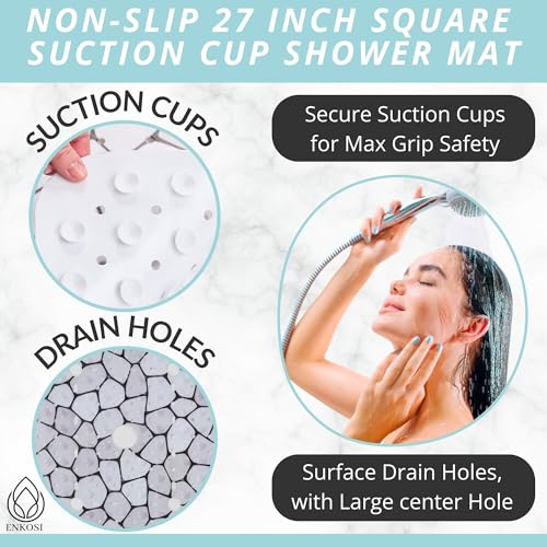 Image of ENKOSI Square Shower Mat 27x27 inch - Anti Slip Shower Stall Floor Mat - Non Slip Shower Mats with Strong Secure Suction Cups and Drain Holes in Middle (27x27 Pebble)