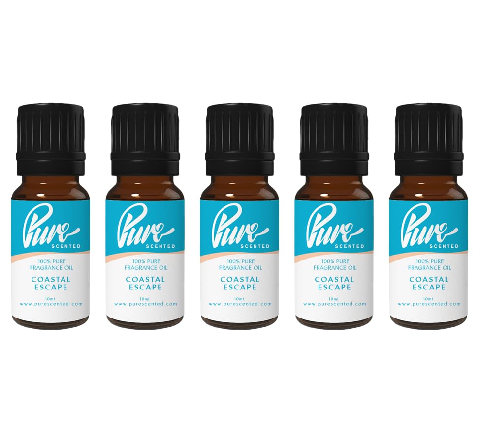 Pure Scented 50ml Fragrance Oils - 5 x 10ml Suitable for Candles, Soaps, Slime, Diffusers, Cosmetics, Wax Melts, Designer (5 x 10ml, Coastal Escape)