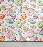 Lunarable Sweets Peel & Stick Wallpaper for Home, Delicious Macaron Cupcakes Donuts Muffins Sugar Tasty Yummy Watercolor Design Print, Self-Adhesive Living Room Kitchen Accent, 13' x 36', Green Pink