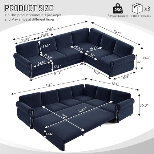 Image of KEIKI 118 inch Chesterfield Sleeper Sofa, Chenille Sectional Couch, Blue | L Shaped, Pull Out Bed Design, Nailhead Trim Detail, Rolled Armrest, 6 Seat Seating, Living Room Guest Room Use