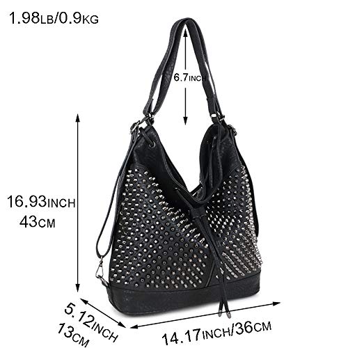 Chikencall Over-size Studded Bucket Bag for Women,3 Ways Multifunction Backpack Vegan Leather Punk Rock Rivet Large Shoulder Bag Crossbody Bag Black4