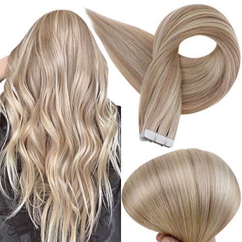 Full Shine Tape in Hair Extensions 12 Inch Remi Tape Hair Extensions 20pcs 30g Highlight Color 18 Ash Blonde And 613 Blonde Extensions for White Women Glue on Hair for Short Hair