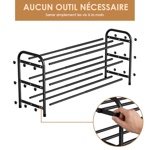 Étagère à Chaussures 3 Niveaux, Rangement Chaussure Extensible, Meuble a Chaussure Métal Réglable de 45 à 80 cm, pour Entrée, Couloir, Garage, Placard, Noir – Image 5
