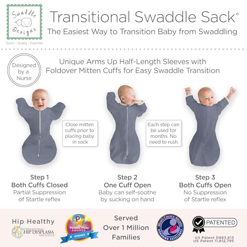 Image of SwaddleDesigns Transitional Swaddle Sack, Arms Up Half-Length Sleeves & Mitten Cuffs, Swaddle for Newborn Transition to Baby Sleep Sack Wearable Blanket, Large, 6-9 Month, 21-24 lb, Heathered Denim