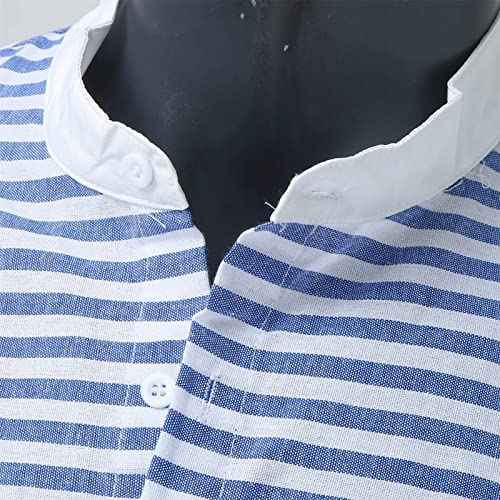 Men's Simple Fashion Loose Shirt Stand Collar Basic Stand-Up Collar Long-Sleeved Shirt Striped Casual Beach Shirts4