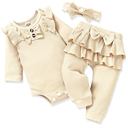 Image of Aalizzwell Preemie Newborn Infant Baby Girls Clothes Ribbed Bodysuit Pants Set Fall Winter Outfits