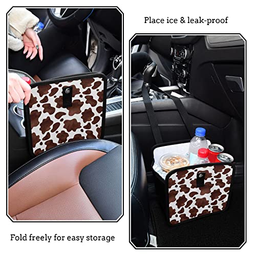 Image of Brown Cow Print Car Trash Can Abstract Animal Skin Foldable Hanging Car Trash Bag Bin Auto Garbage Can Leak-Proof Car Organizer(Large)