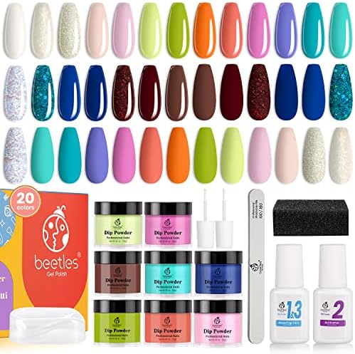 Beetles Dip Powder Nail Kit, Ocean World Collection 20Pcs Dip Powder Colors White Glitter Nude Dipping Powder Nail Kit for Nail Art Manicure with Dip Powder Gel Base Top Coat Activator Brush Saver