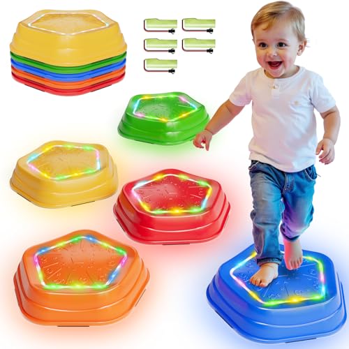 Calo 5Pcs Rechargeable Stepping Stones for Kids Toddler 3-5 with Light&Music,Balance Sensory Stepping Stones Indoor Outdoor Play,5 Long-lasting Batteries, Instant Response,Upgraded PVC, Support 200LBS