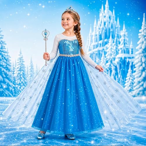 Fantasia Infantil de Luxo e Completa Vestido Longo Princesa Elsa Com Capa Coroa e Trança (M 7-9)